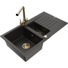 Mexen Matias Granitspüle 1,5-fach mit Abtropffläche und Küchenarmatur Duero, schwarz/goldener Metallic - 6502-75-671600-50