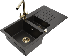 Mexen Matias Granitspüle 1,5-Kammer mit Abtropffläche und Küchenarmatur Duero, schwarz/gold metallic - 6502-75-671600-50