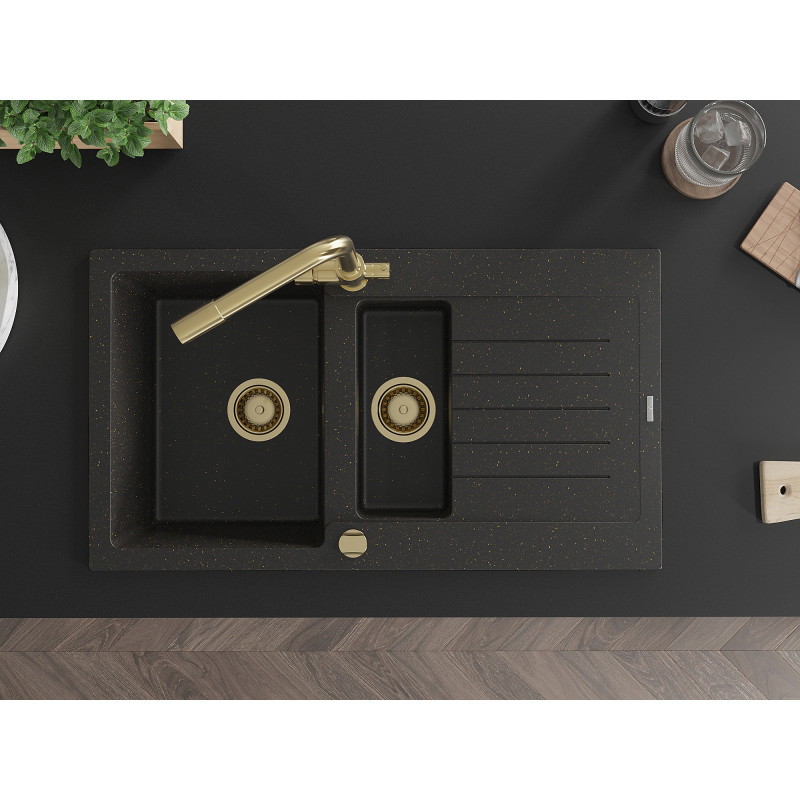 Mexen Matias Granitspüle 1,5-Kammer mit Abtropffläche und Küchenarmatur Duero, schwarz/gold metallic - 6502-75-671600-50
