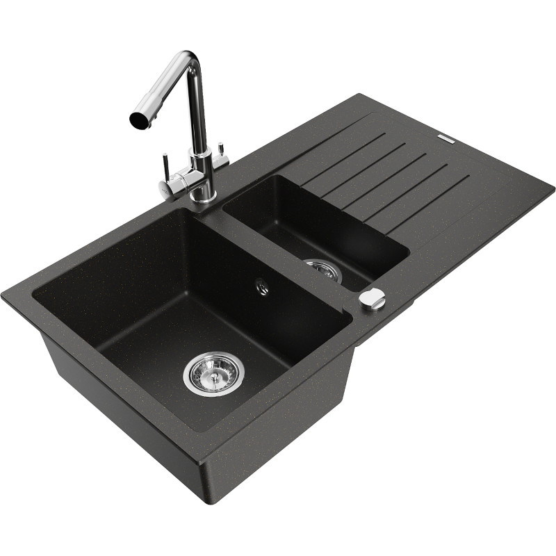 Mexen Matias granitspüle 1,5-kammer-mit abtropffläche und küchenarmatur Duero, schwarz/gold metallic - 6502-75-671600-00