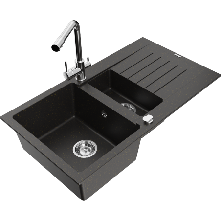 Mexen Matias granitspüle 1,5-kammer-mit abtropffläche und küchenarmatur Duero, schwarz/gold metallic - 6502-75-671600-00