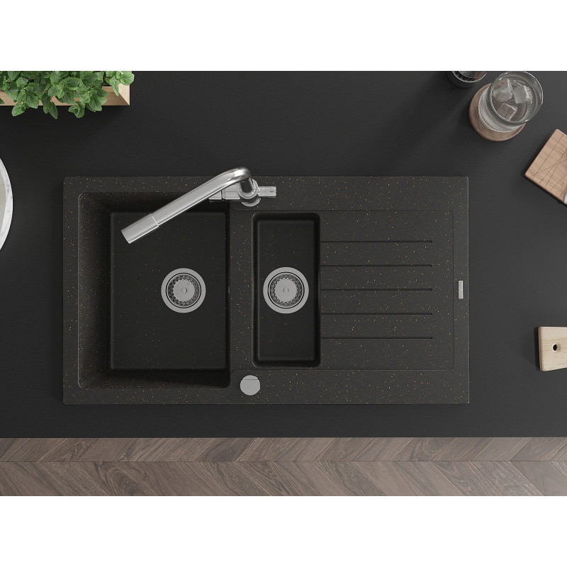Mexen Matias Granitspüle 1,5-becken mit Abtropffläche und Küchenarmatur Duero, schwarz/gold metallic - 6502-75-671600-00