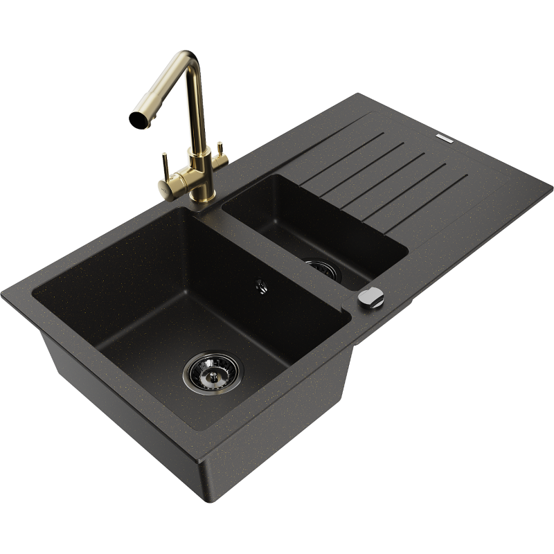 Mexen Matias Granitspüle 1,5-Becken mit Abtropffläche und Küchenarmatur Duero, Schwarz/Gold - 6502-75-671600-50-B