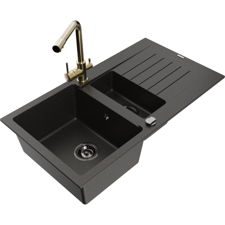 Mexen Matias Granitspüle 1,5-Becken mit Abtropffläche und Küchenarmatur Duero, Schwarz/Gold - 6502-75-671600-50-B