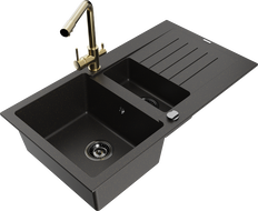 Mexen Matias Granitspüle 1,5-Becken mit Abtropffläche und Küchenarmatur Duero, Schwarz/Gold - 6502-75-671600-50-B