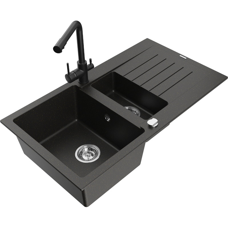 Mexen Matias Granitspüle 1,5-fach mit Abtropffläche und Küchenarmatur Duero, schwarz/gold metallic - 6502-75-671600-70
