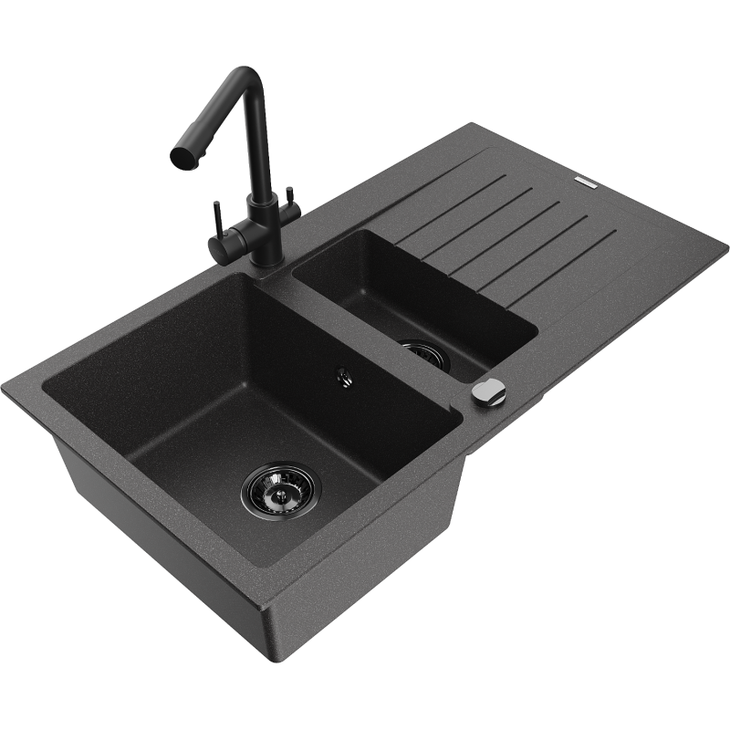 Mexen Matias Granitspüle 1,5-schüsselig mit Abtropffläche und Küchenarmatur Duero, schwarz gesprenkelt - 6502-76-671600-70-B