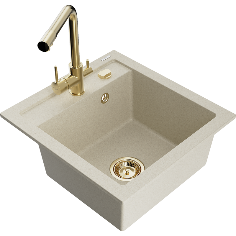 Mexen Vito Granitspüle 1-Becken mit Küchenarmatur Duero, beige - 6503-69-671600-50
