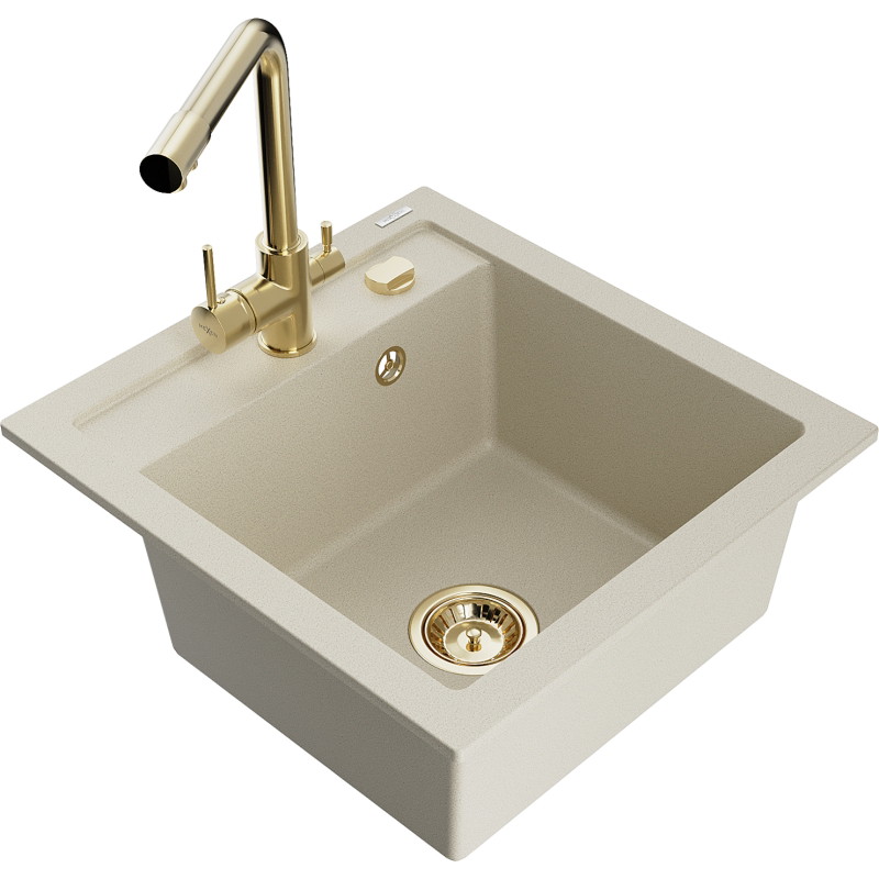 Mexen Vito Granitspüle 1-beckig mit Küchenarmatur Duero, beige - 6503-69-671600-50