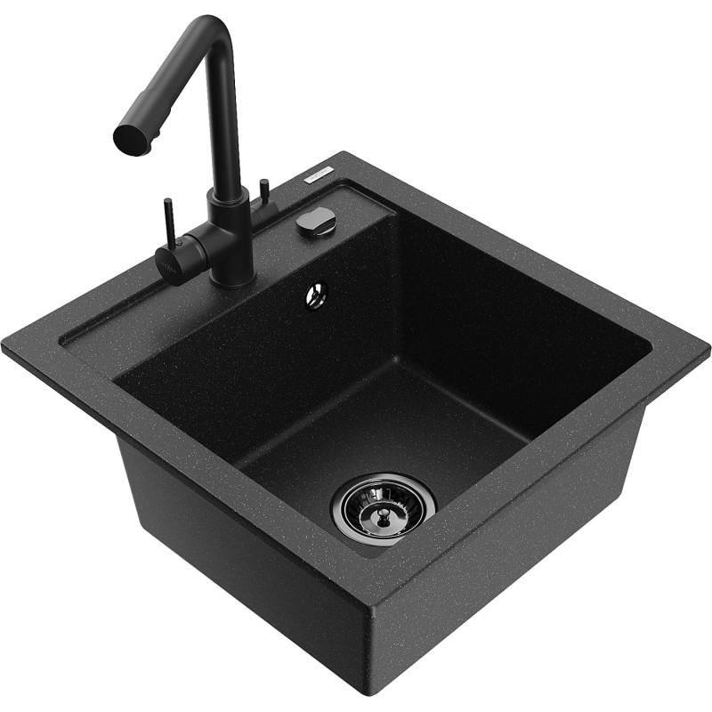 Mexen Vito Einzelbecken Granitspüle mit Küchenarmatur Duero, schwarz/silber metallic - 6503-73-671600-70-B