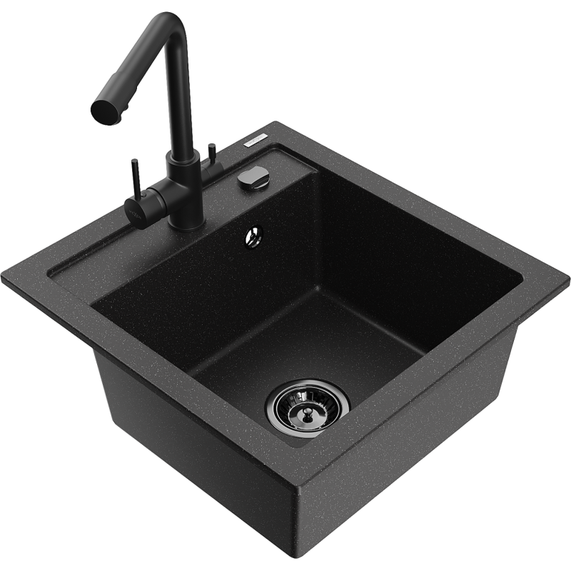 Mexen Vito Granitspüle einteilig mit Küchenarmatur Duero, schwarz/silber Metallik - 6503-73-671600-70-B