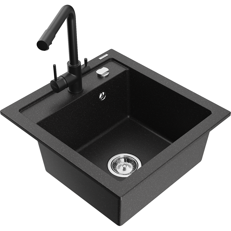 Mexen Vito Granitspüle 1-Becken mit Küchenarmatur Duero, schwarz/silber metallic - 6503-73-671600-70
