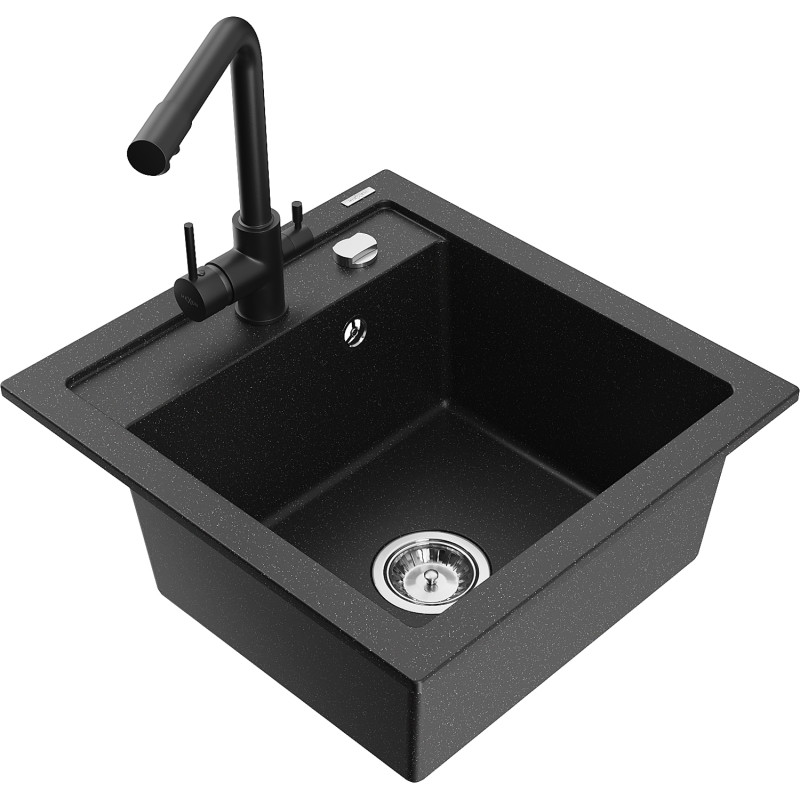 Mexen Vito Granitspüle ein Becken mit Küchenarmatur Duero, schwarz/silbern Metallic - 6503-73-671600-70