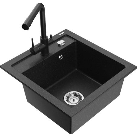 Mexen Vito Granitspüle 1-Becken mit Küchenarmatur Duero, schwarz/silber metallic - 6503-73-671600-70