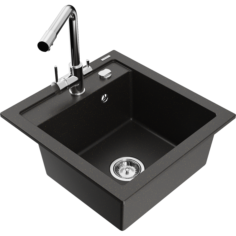 Mexen Vito Granitspüle 1-Kammer mit Küchenarmatur Duero, schwarz/gold metallic - 6503-75-671600-00