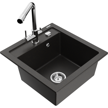 Mexen Vito Granitspüle 1-Kammer mit Küchenarmatur Duero, schwarz/gold metallic - 6503-75-671600-00