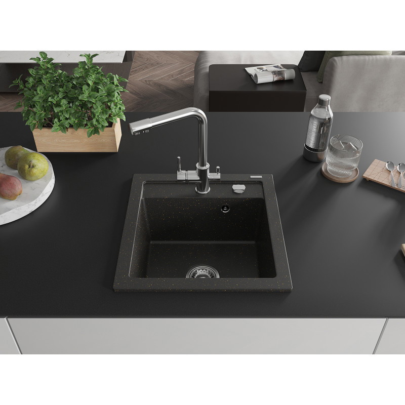 Mexen Vito Granitspüle 1-Kammer mit Küchenarmatur Duero, schwarz/gold metallic - 6503-75-671600-00