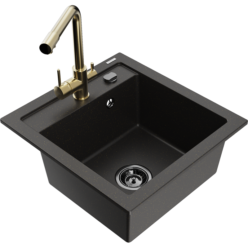 Mexen Vito Granitspüle 1-becken mit Küchenarmatur Duero, schwarz/gold metallic - 6503-75-671600-50-B