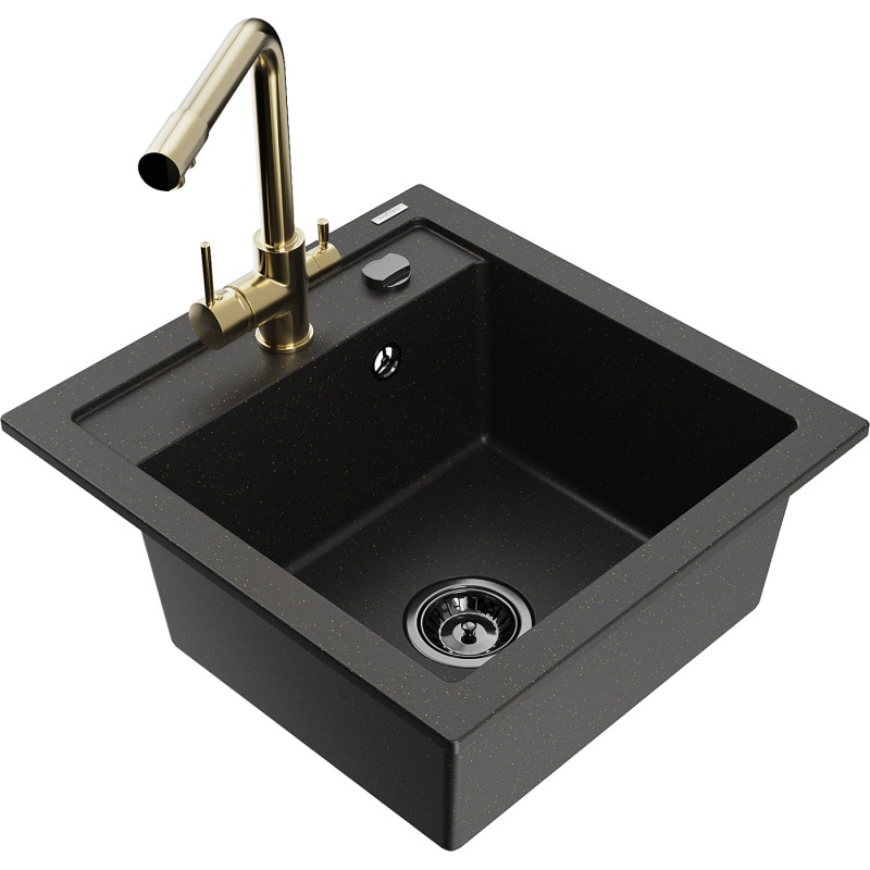 Mexen Vito Granitspüle 1-Becken mit Küchenarmatur Duero, schwarz/goldener Metallic - 6503-75-671600-50-B