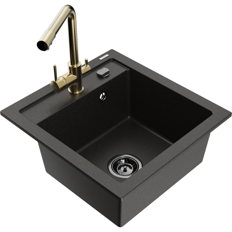 Mexen Vito Granitspüle 1-becken mit Küchenarmatur Duero, schwarz/gold metallic - 6503-75-671600-50-B