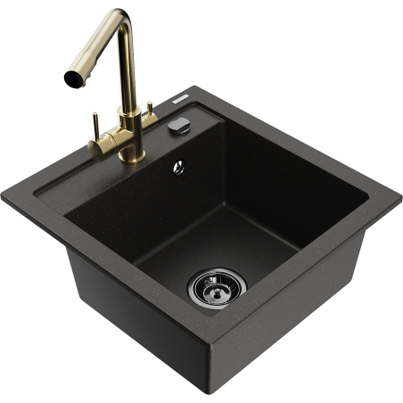 Mexen Vito Granitspüle 1-Becken mit Küchenarmatur Duero, schwarz/goldener Metallic - 6503-75-671600-50-B