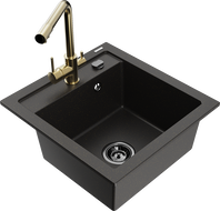 Mexen Vito Granitspüle 1-becken mit Küchenarmatur Duero, schwarz/gold metallic - 6503-75-671600-50-B