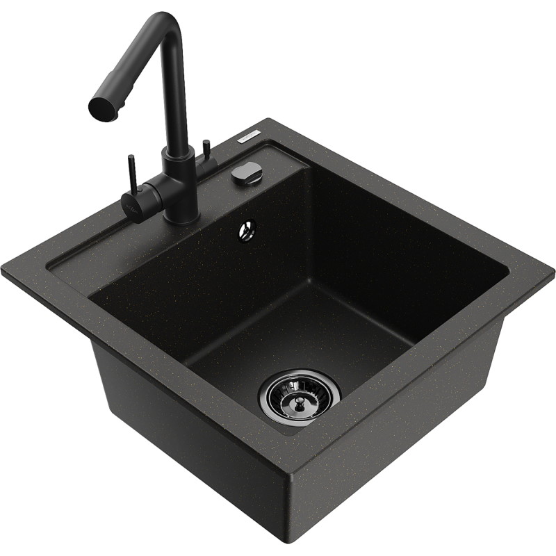 Mexen Vito Granitspüle 1-beckig mit Küchenarmatur Duero, schwarz/gold metallisch - 6503-75-671600-70-B