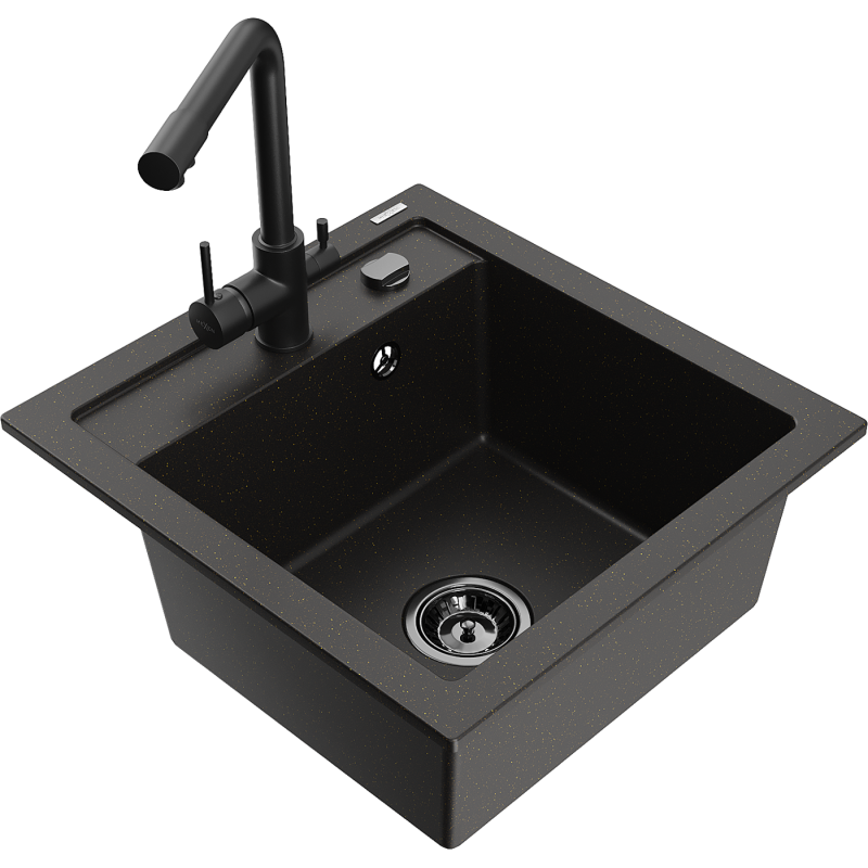 Mexen Vito Granitspüle 1-beckig mit Küchenarmatur Duero, schwarz/goldener Metallic - 6503-75-671600-70-B