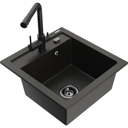 Mexen Vito Granitspüle 1-beckig mit Küchenarmatur Duero, schwarz/goldener Metallic - 6503-75-671600-70-B
