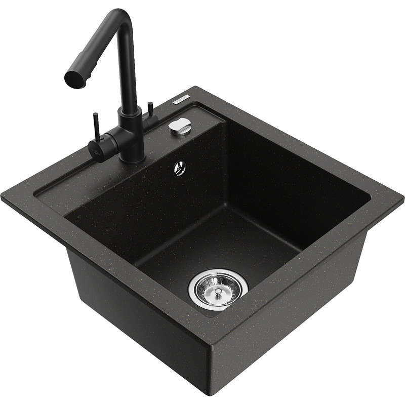 Mexen Vito Granitspüle 1-becken mit Küchenarmatur Duero, Schwarz/Gold Metallic - 6503-75-671600-70