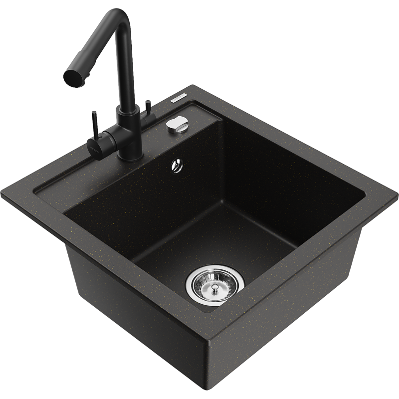 Mexen Vito Granitspüle 1-becken mit Küchenarmatur Duero, schwarz/gold metallisch - 6503-75-671600-70