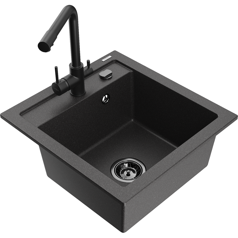 Mexen Vito Granitspüle 1-becken mit Küchenarmatur Duero, schwarz gesprenkelt - 6503-76-671600-70-B