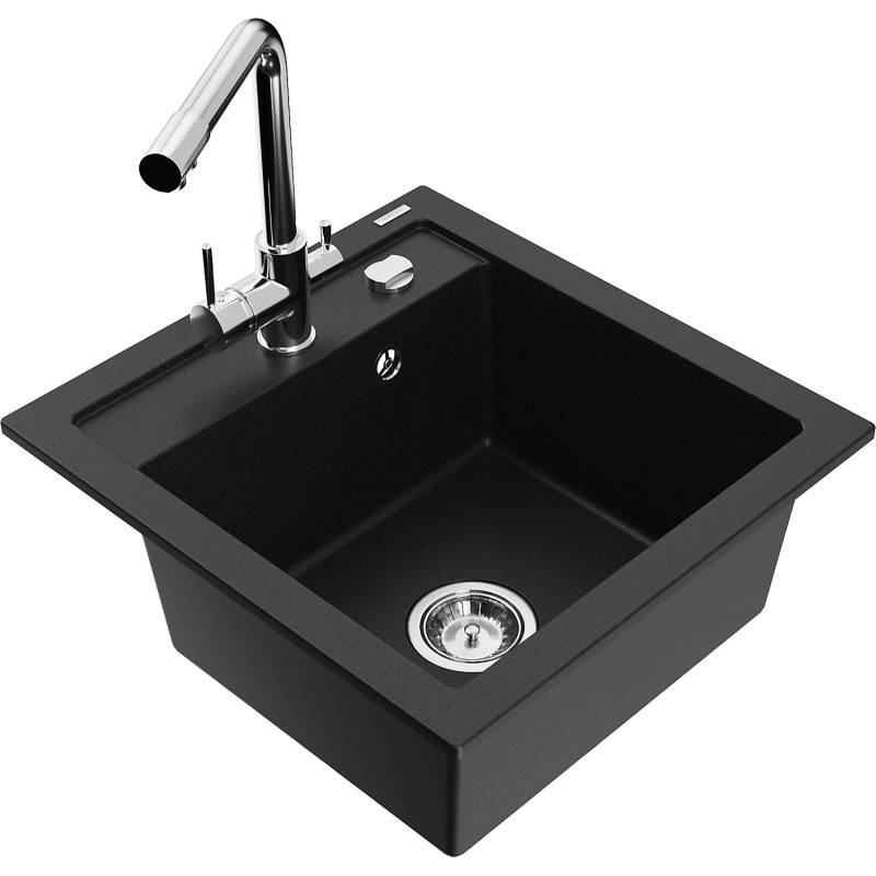 Mexen Vito Granitspüle 1-Becken mit Küchenarmatur Duero, schwarz - 6503-77-671600-00