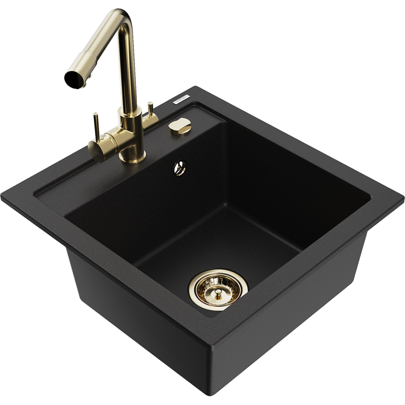 Mexen Vito 1-Kammer Granitspüle mit Küchenarmatur Duero, schwarz - 6503-77-671600-50
