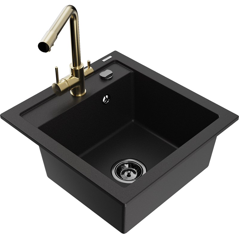 Mexen Vito Granitspüle 1-Becken mit Küchenarmatur Duero, schwarz - 6503-77-671600-50-B