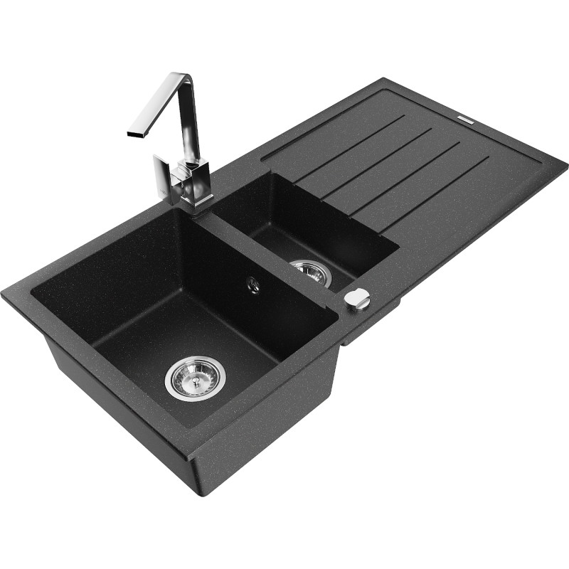 Mexen Andres Granit-Spüle 1,5-Becken mit Abtropffläche und Küchenarmatur Rita, schwarz/silber metallic - 6515-73-670300-00