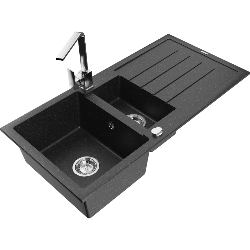 Mexen Andres Granitspüle 1,5-Becken mit Abtropffläche und Küchenarmatur Rita, schwarz/silber Metallic - 6515-73-670300-00