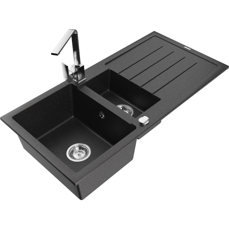 Mexen Andres Granit-Spüle 1,5-Becken mit Abtropffläche und Küchenarmatur Rita, schwarz/silber metallic - 6515-73-670300-00