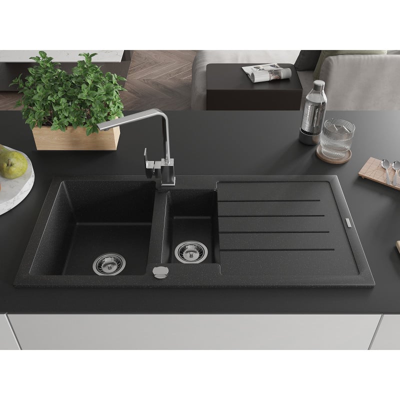 Mexen Andres Granitspüle 1,5-Becken mit Abtropffläche und Küchenarmatur Rita, schwarz/silber Metallic - 6515-73-670300-00