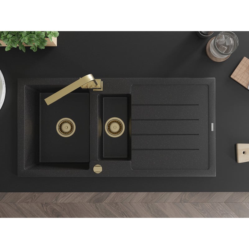 Mexen Andres Granitspüle 1,5-beckig mit Abtropfbereich und Küchenarmatur Rita, schwarz/silber metallic - 6515-73-670300-50