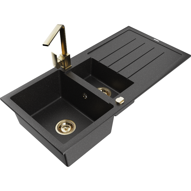Mexen Andres Granitspüle 1,5-beckig mit Abtropfbereich und Küchenarmatur Rita, schwarz/silber metallic - 6515-73-670300-50