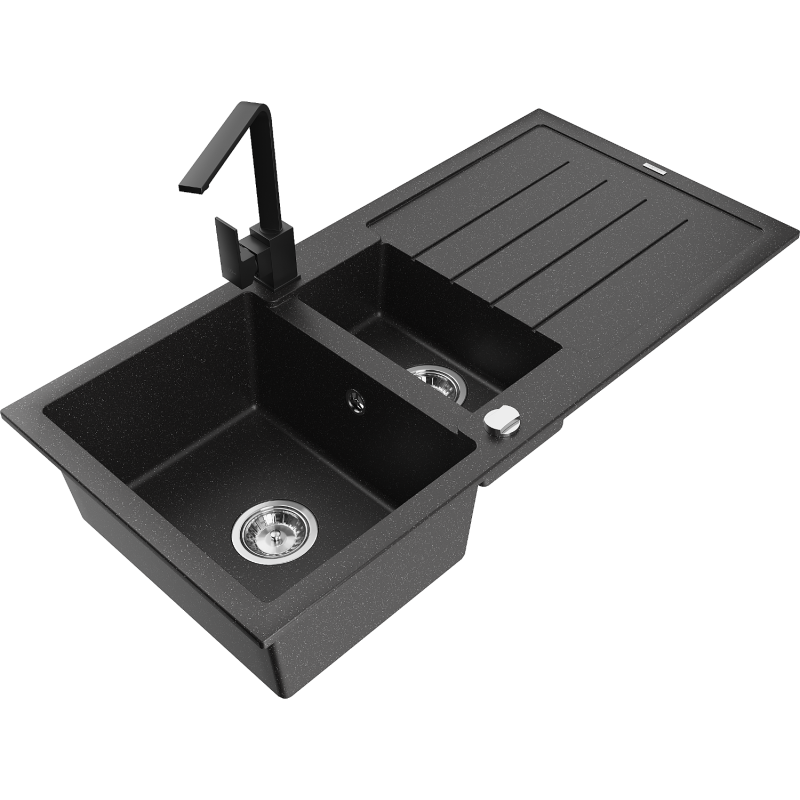 Mexen Andres Granitspüle 1,5-Becken mit Abtropffläche und Küchenarmatur Rita, schwarz/silber metallic - 6515-73-670300-70