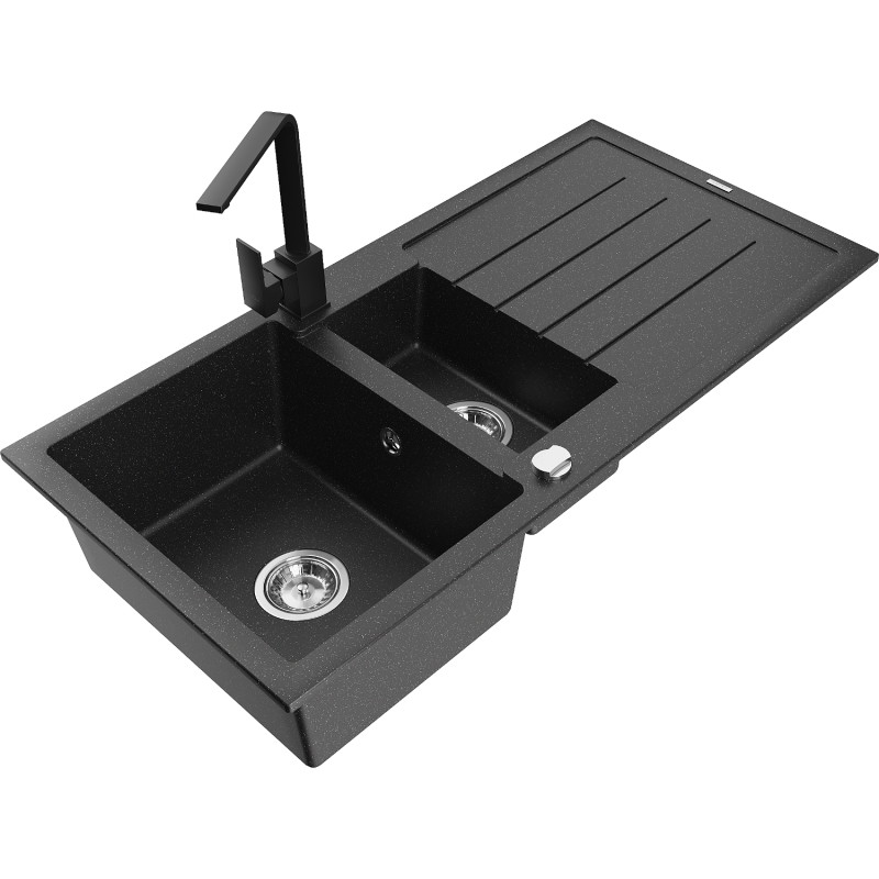 Mexen Andres Granitspüle 1,5-fach mit Abtropffläche und Küchenarmatur Rita, schwarz/silber-metallic - 6515-73-670300-70