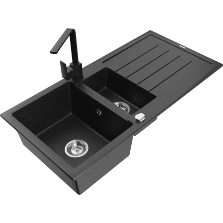 Mexen Andres Granitspüle 1,5-Becken mit Abtropffläche und Küchenarmatur Rita, schwarz/silber metallic - 6515-73-670300-70