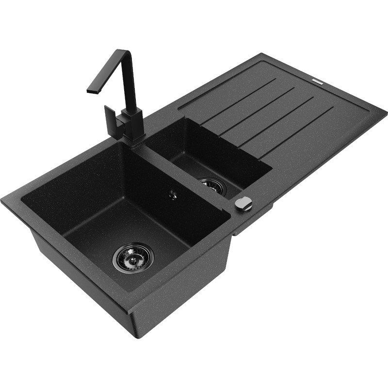 Mexen Andres Granit-Spüle 1,5 Becken mit Abtropffläche und Küchenarmatur Rita, schwarz/silber - 6515-73-670300-70-B