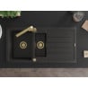 Mexen Andres Granitspüle 1,5-Schüsseln mit Abtropffläche und Küchenarmatur Rita, schwarz/goldener Metallik- 6515-75-670300-50