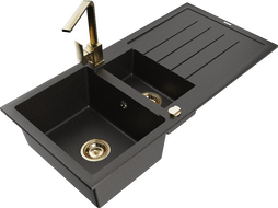 Mexen Andres granitspüle 1,5-becken mit abtropffläche und küchenarmatur Rita, schwarz/gold metallic - 6515-75-670300-50
