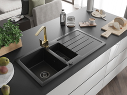 Mexen Andres Granitspüle 1,5-fach mit Abtropffläche und Küchenarmatur Rita, schwarz/gold metallic - 6515-75-670300-50-B
