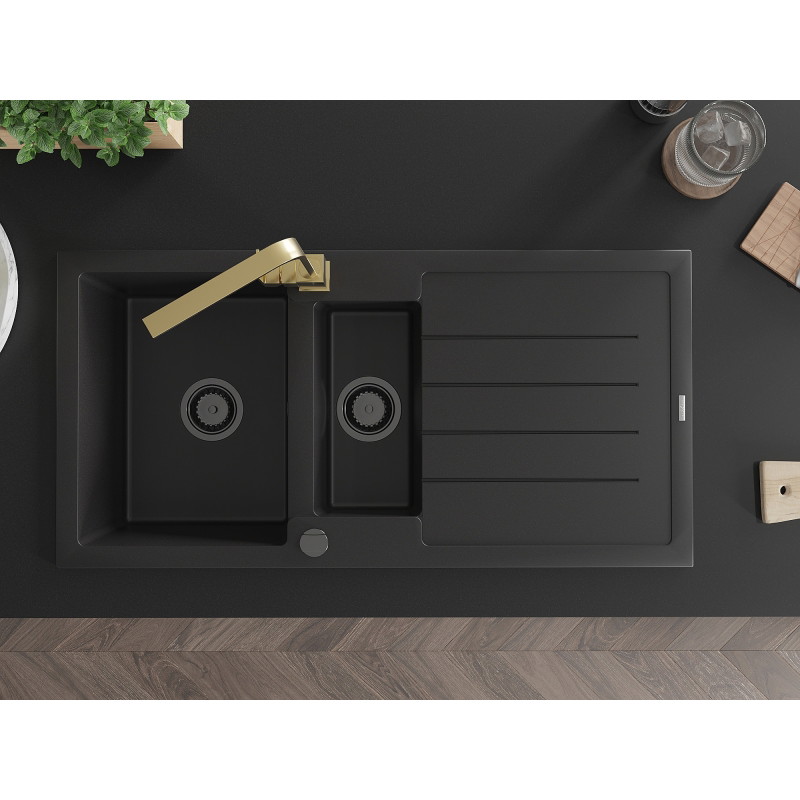 Mexen Andres Granitspüle 1,5-Becken mit Abtropffläche und Küchenarmatur Rita, schwarz/goldener Metallic - 6515-75-670300-50-B