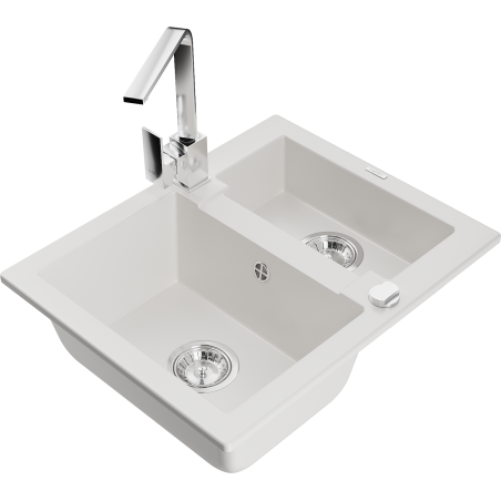 Mexen Carlos Granitspüle 1,5-fach mit Küchenarmatur Rita, weiß - 6518-20-670300-00